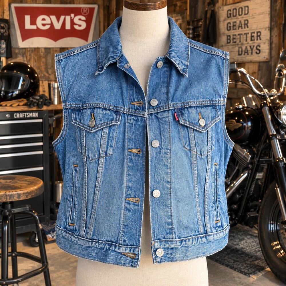 Levi's Women's XL Denim Trucker Vest Blue Red Tab Sleeveless 001WZ-0026